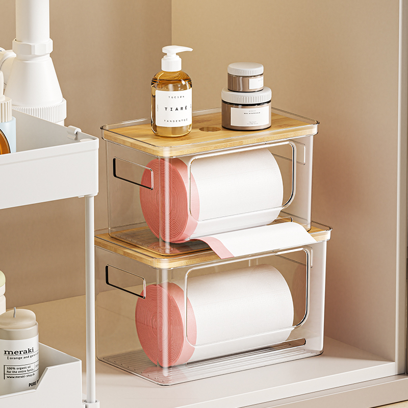 명확한 쌓을 수 있는 개방형 전면 보관 용기 쌓을 수 있는 랙 대나무 뚜껑 주방 식료품 저장실 냉장고 주최자 PET 플라스틱 상자