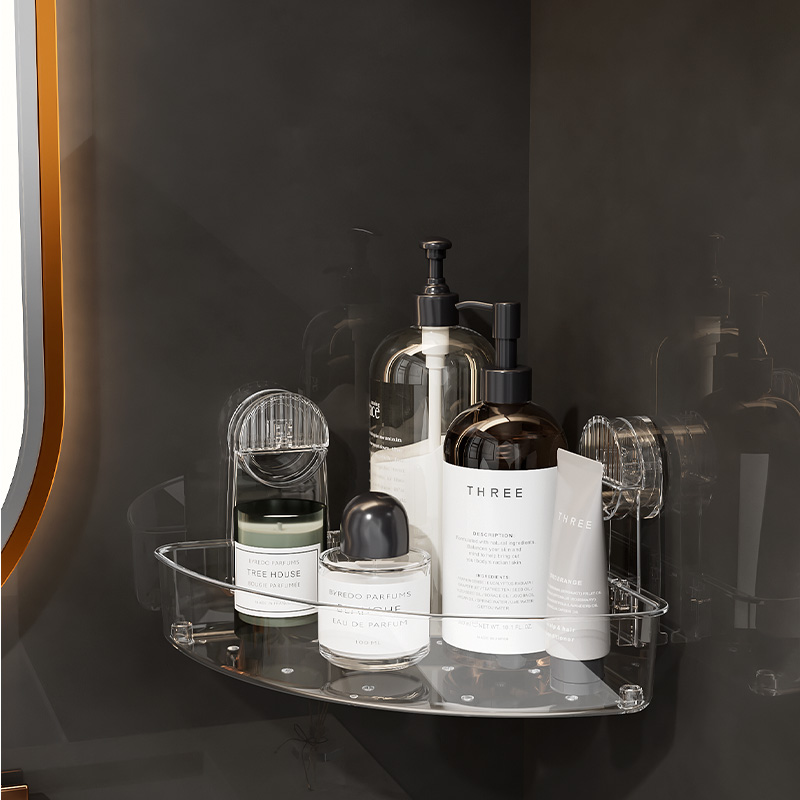 진공 흡입 코너 샤워 캐디 도매 아크릴 욕실 코너 스토리지 흡입 컵 샤워 주최자 선반 벽 선반