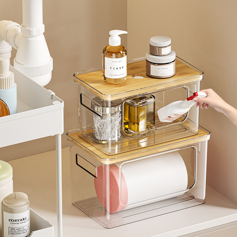 명확한 쌓을 수 있는 개방형 전면 보관 용기 쌓을 수 있는 랙 대나무 뚜껑 주방 식료품 저장실 냉장고 주최자 PET 플라스틱 상자