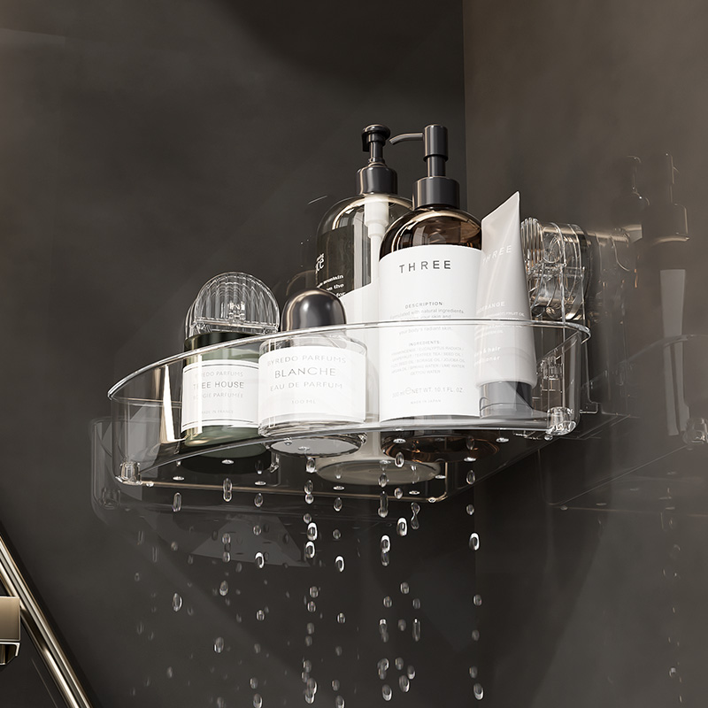 진공 흡입 코너 샤워 캐디 도매 아크릴 욕실 코너 스토리지 흡입 컵 샤워 주최자 선반 벽 선반