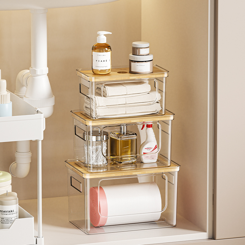 명확한 쌓을 수 있는 개방형 전면 보관 용기 쌓을 수 있는 랙 대나무 뚜껑 주방 식료품 저장실 냉장고 주최자 PET 플라스틱 상자