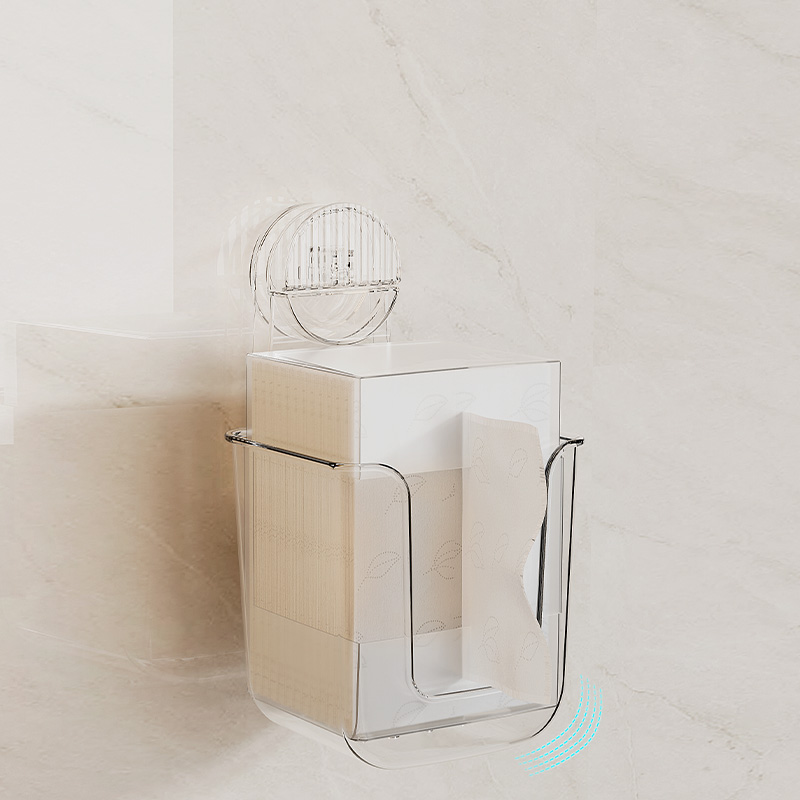 얼굴 조직과 조직을 보관하는 데 사용되는 아크릴로 만든 흡입 컵 벽 장착형 티슈 상자