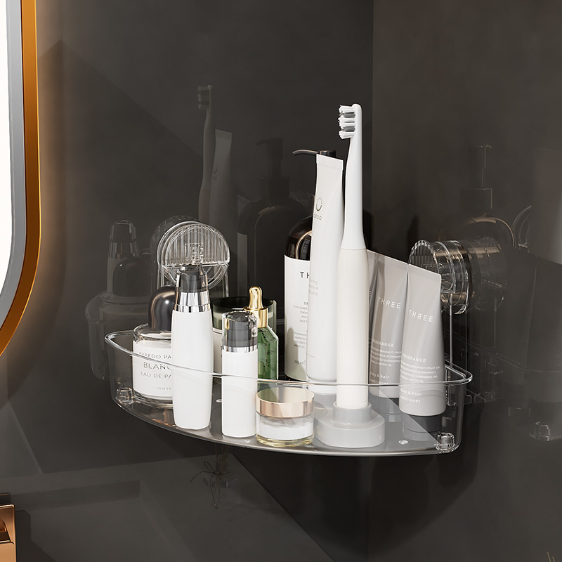 진공 흡입 코너 샤워 캐디 도매 아크릴 욕실 코너 스토리지 흡입 컵 샤워 주최자 선반 벽 선반